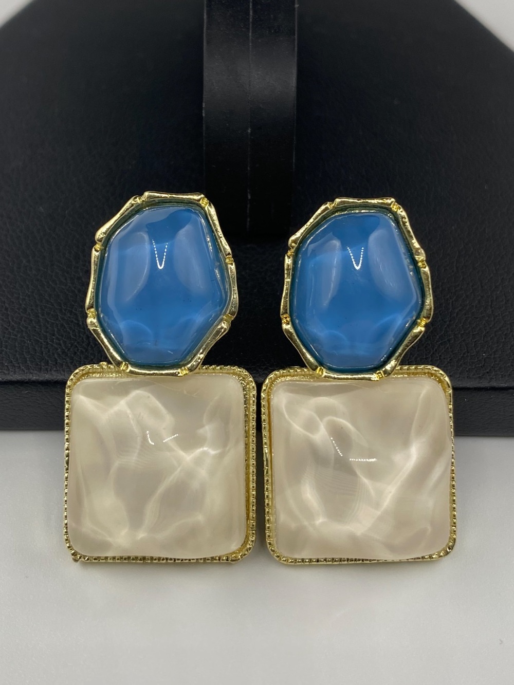 Gold-Frame Blue and Cream Statement Drop Earrings